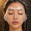 Woman rinsing her hair in the shower wearing the clear Fluffé shield over her lash extensions